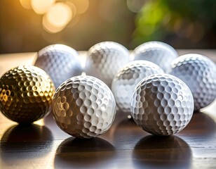 A group of white golf balls neatly arranged on a smooth surface with soft lighting and shadows.