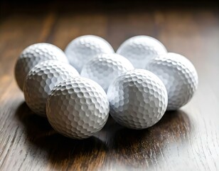 A group of white golf balls neatly arranged on a smooth surface with soft lighting and shadows.