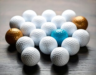 A group of white golf balls neatly arranged on a smooth surface with soft lighting and shadows.