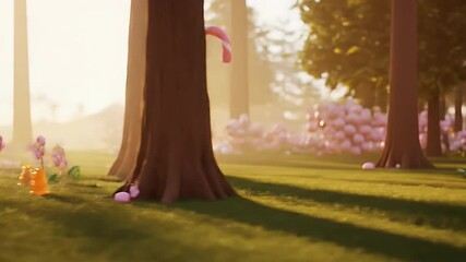 Playful outdoor scene with decorative flowers and lollipops in a park setting - Powered by Adobe