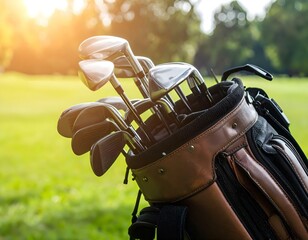 Modern golf clubs in a leather bag on a green field, captured under warm sunlight in close-up view.