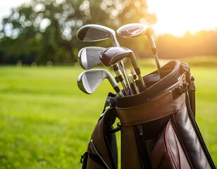 Modern golf clubs in a leather bag on a green field, captured under warm sunlight in close-up view.