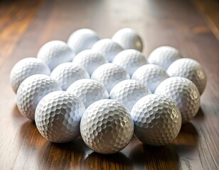 A group of white golf balls neatly arranged on a smooth surface with soft lighting and shadows.