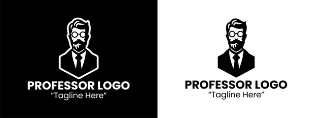 Classic Professor Logo Featuring Mustache and Graduation Cap in Monochrome