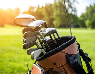 Modern golf clubs in a leather bag on a green field, captured under warm sunlight in close-up view.