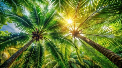 Fototapeta premium Tropical Paradise Sunlit Palm Trees Reaching for the Sky, Lush Foliage and Vibrant Greens