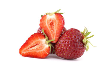 Vibrant red strawberries, some sliced, showcased on a clean white backdrop.