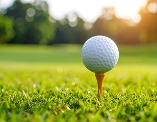 A white golf ball on a wooden tee, standing on green grass under bright sunlight at a golf course.