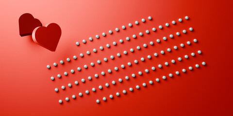 Perfect Pearls Form An Arrow Of Love on Red Background