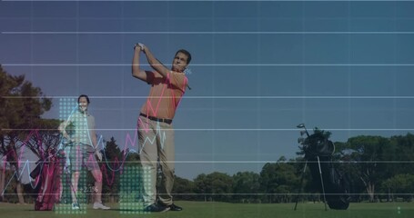 Man addressing ball on course initiating backswing with grid graph showing torque in golf analytics - Powered by Adobe
