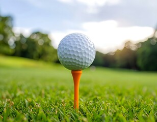 A white golf ball on a wooden tee, standing on green grass under bright sunlight at a golf course.