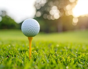 A white golf ball on a wooden tee, standing on green grass under bright sunlight at a golf course.