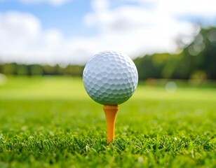 A white golf ball on a wooden tee, standing on green grass under bright sunlight at a golf course.