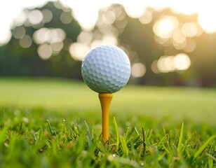 A white golf ball on a wooden tee, standing on green grass under bright sunlight at a golf course.