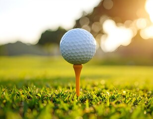 A white golf ball on a wooden tee, standing on green grass under bright sunlight at a golf course.