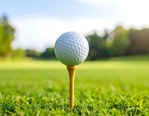 A white golf ball on a wooden tee, standing on green grass under bright sunlight at a golf course.