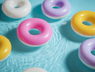Colorful Inflatable Rings Floating in Water – AI Generated Summer Concept