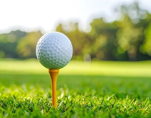 A white golf ball on a wooden tee, standing on green grass under bright sunlight at a golf course.