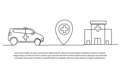 Vector illustration of ambulance to hospital location. Modern flat in continuous line style.