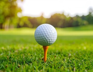 A white golf ball on a wooden tee, standing on green grass under bright sunlight at a golf course.