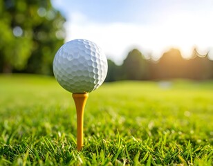 A white golf ball on a wooden tee, standing on green grass under bright sunlight at a golf course.
