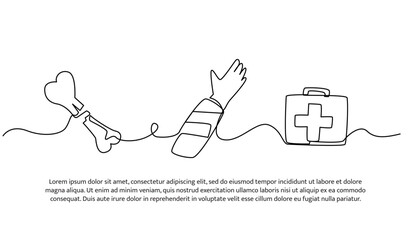 Vector illustration of treatment for a broken hand. Modern flat in continuous line style.