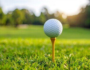 A white golf ball on a wooden tee, standing on green grass under bright sunlight at a golf course.