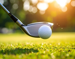 A golf ball in mid-air after impact with an iron club, captured in warm sunlight on a grassy field.