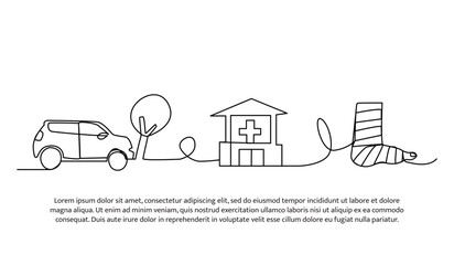 Fototapeta premium Vector illustration of car accident results in hospitalization and broken leg. Modern flat in continuous line style.