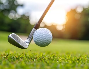 A golf ball in mid-air after impact with an iron club, captured in warm sunlight on a grassy field.