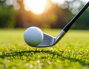 A golf ball in mid-air after impact with an iron club, captured in warm sunlight on a grassy field.