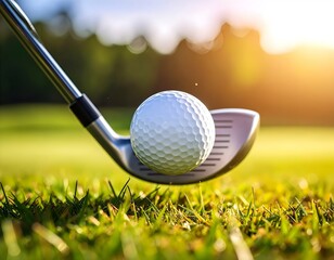 A golf ball in mid-air after impact with an iron club, captured in warm sunlight on a grassy field.