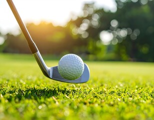 A golf ball in mid-air after impact with an iron club, captured in warm sunlight on a grassy field.