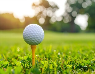 A white golf ball on a wooden tee, standing on green grass under bright sunlight at a golf course.