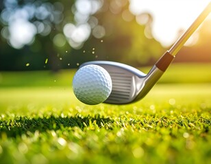 A golf ball in mid-air after impact with an iron club, captured in warm sunlight on a grassy field.