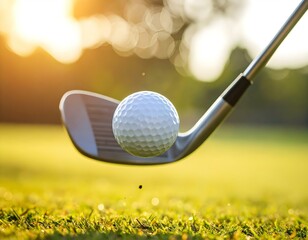 A golf ball in mid-air after impact with an iron club, captured in warm sunlight on a grassy field.