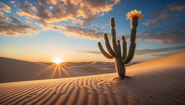 Flowering Cactus in Desert Sand Dunes at Sunrise with Cloudy Sky