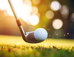A golf ball in mid-air after impact with an iron club, captured in warm sunlight on a grassy field.