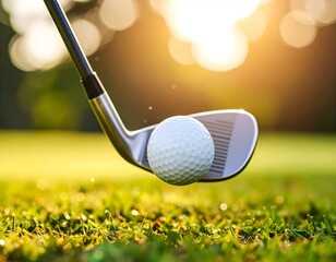 A golf ball in mid-air after impact with an iron club, captured in warm sunlight on a grassy field.