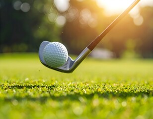 A golf ball in mid-air after impact with an iron club, captured in warm sunlight on a grassy field.