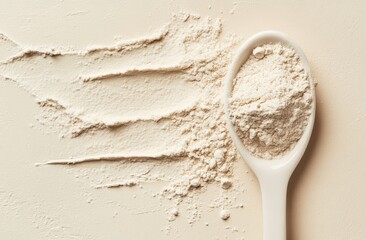 Light beige powder in a spoon, scattered on a surface