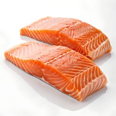 A fresh salmon fillet on a white background, showcasing its rich color.