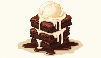 Stacked brownies with vanilla ice cream. Melted chocolate sauce drips down