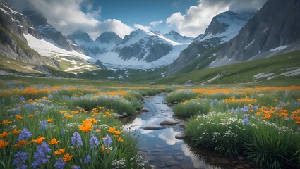 Scenic Mountain Valley with Flowing Stream and Wildflower Meadow