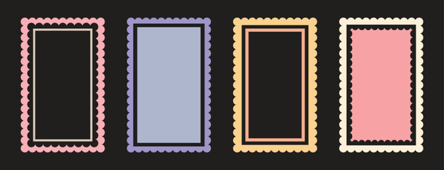 Zigzag, scalloped edge rectangular frames set. Wavy  border set. Fun colorful vertical groovy 60s squiggly zigzag text frame collection isolated on black background.