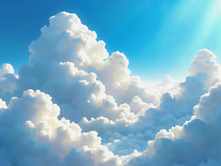 Radiant cumulonimbus clouds bathing in sunlight against a azure sky expanse