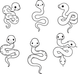 Cartoon snake face vector illustration with playful expressions, some with black dots on body, cute reptile character design, hand-drawn style perfect for kids art, stickers, games, or prints.
