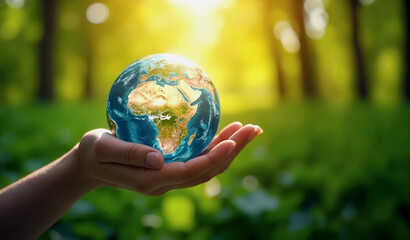 Preserving Earth's Future: A Hand Holds the World Against a Lush Green Backdrop