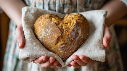 Woman holding heart shaped loaf of bread in linen towel