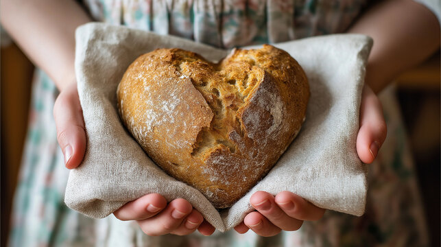 Woman holding heart shaped loaf of bread in linen towel